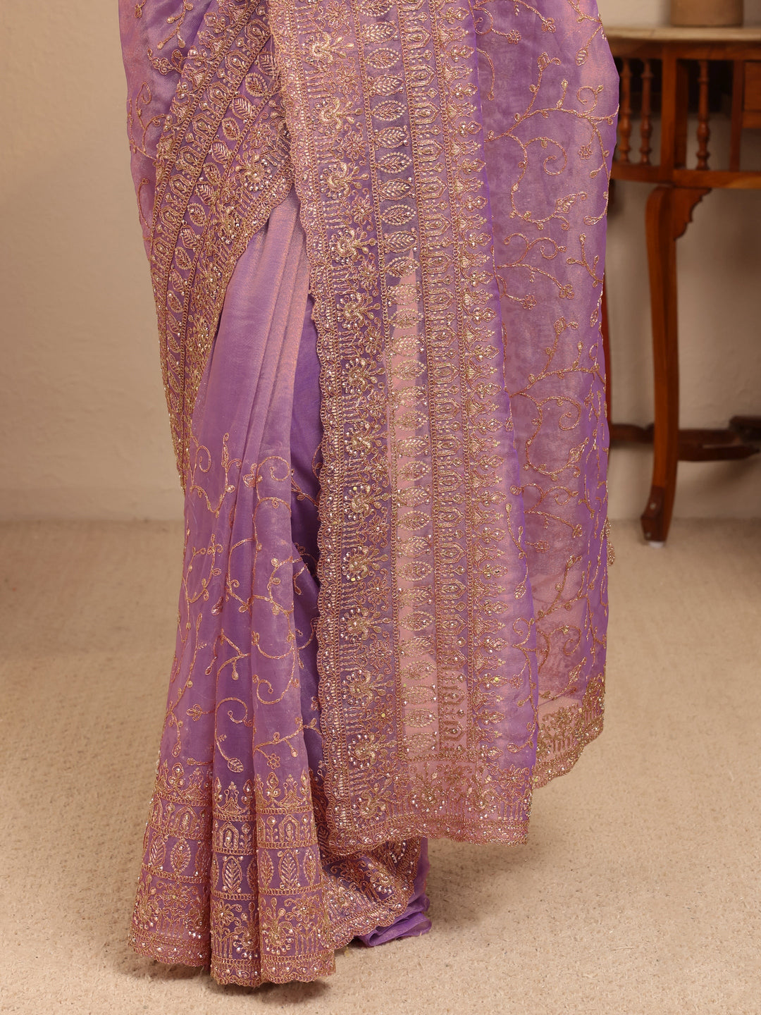 Libas Purple Floral Embroidered Net Saree