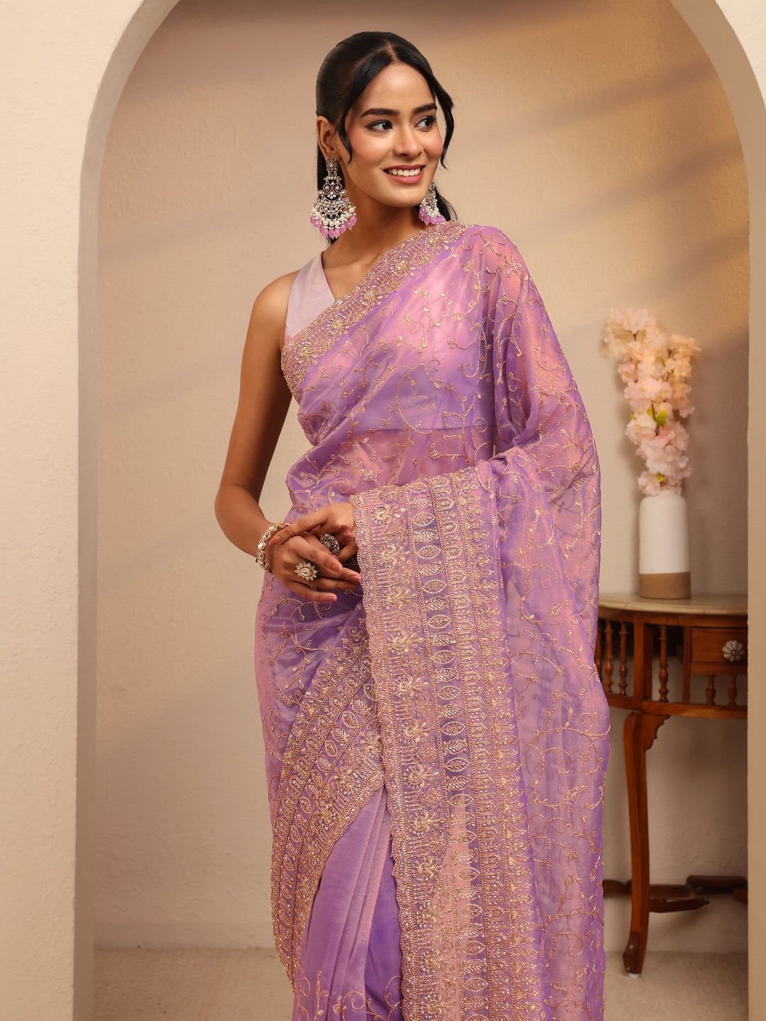 Libas Purple Floral Embroidered Net Saree