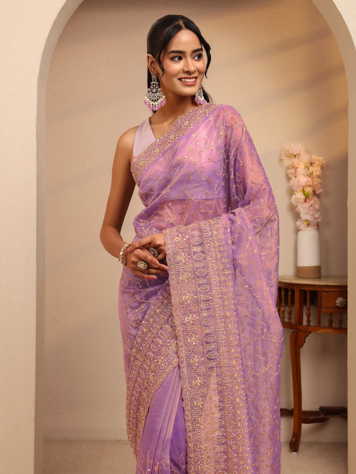 Libas Purple Floral Embroidered Net Saree