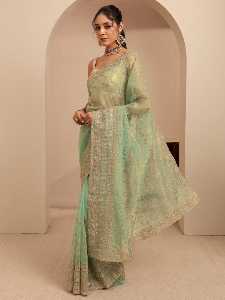 Libas Mint Green Floral Embroidered Net Saree