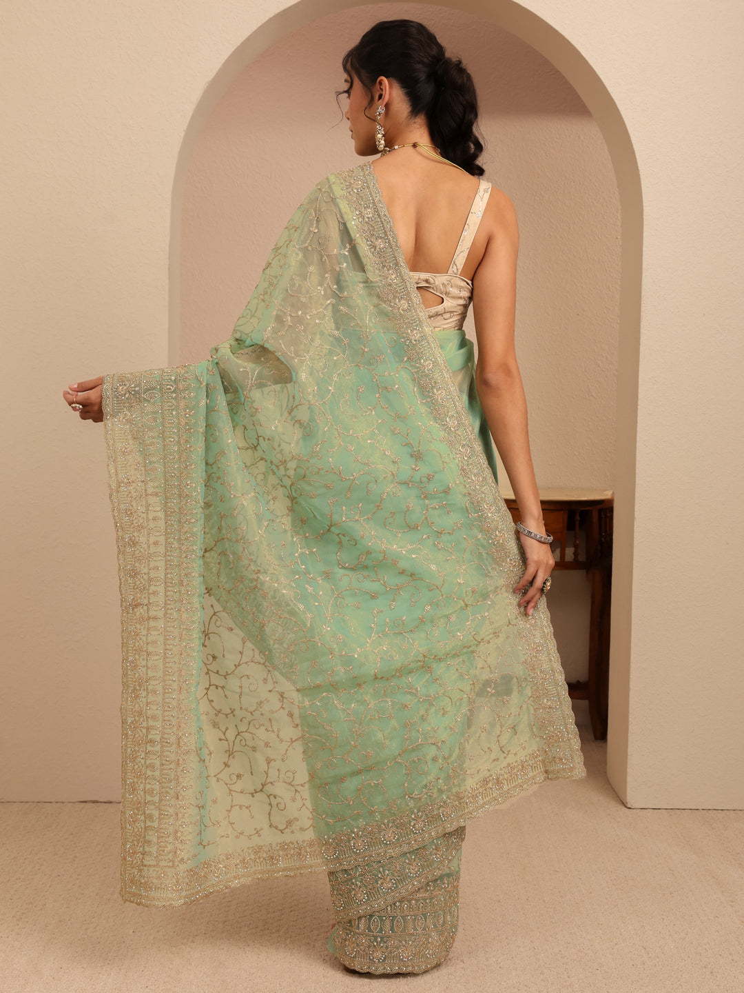 Libas Mint Green Floral Embroidered Net Saree