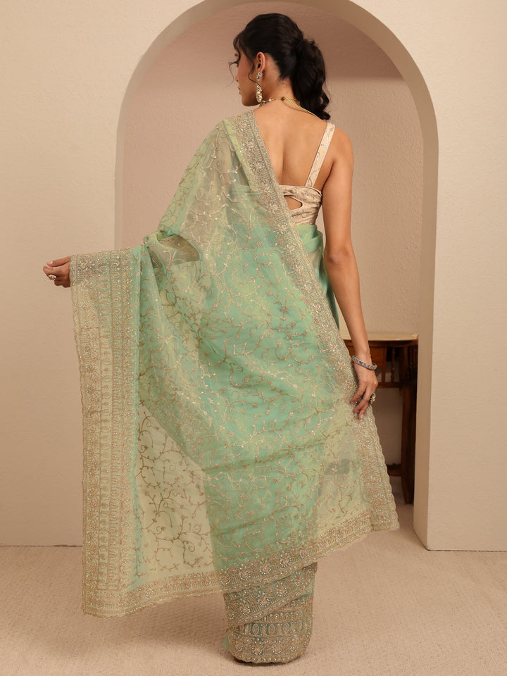 Libas Mint Green Floral Embroidered Net Saree