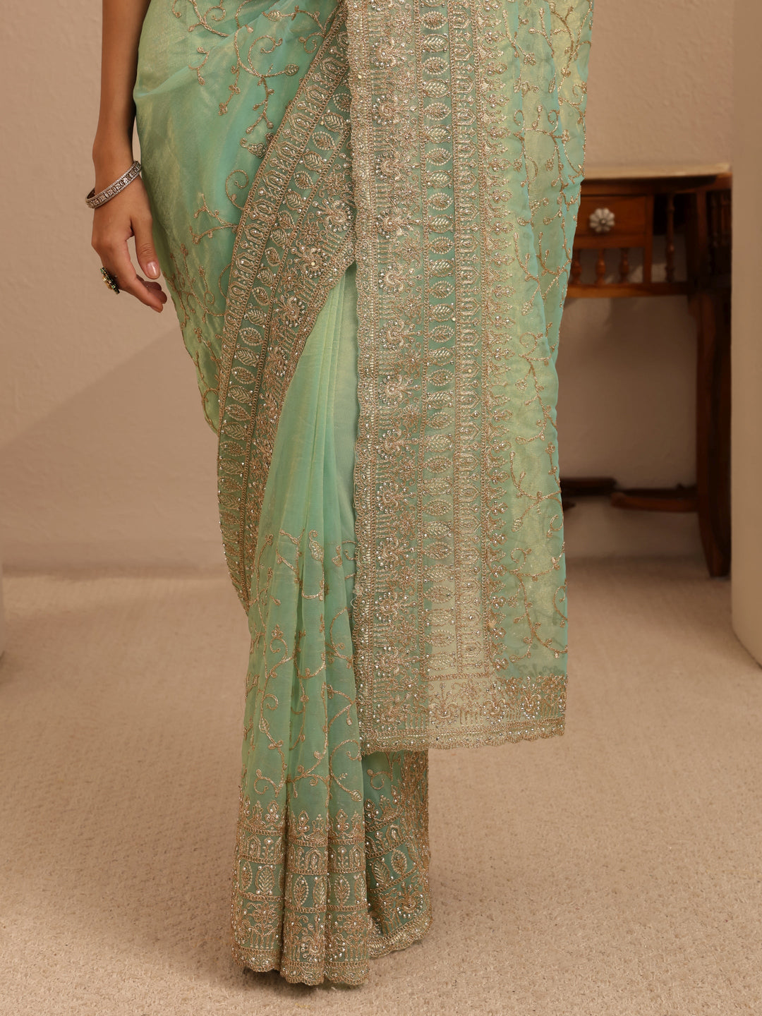 Libas Mint Green Floral Embroidered Net Saree