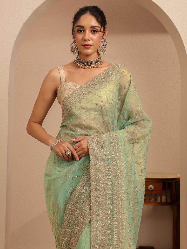 Libas Mint Green Floral Embroidered Net Saree