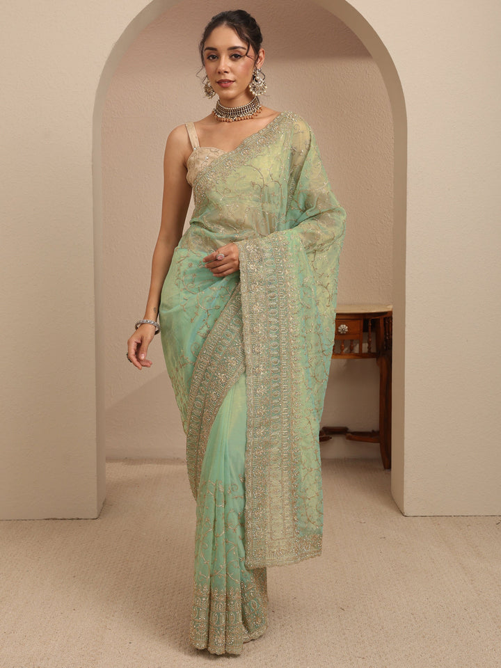 Libas Mint Green Floral Embroidered Net Saree