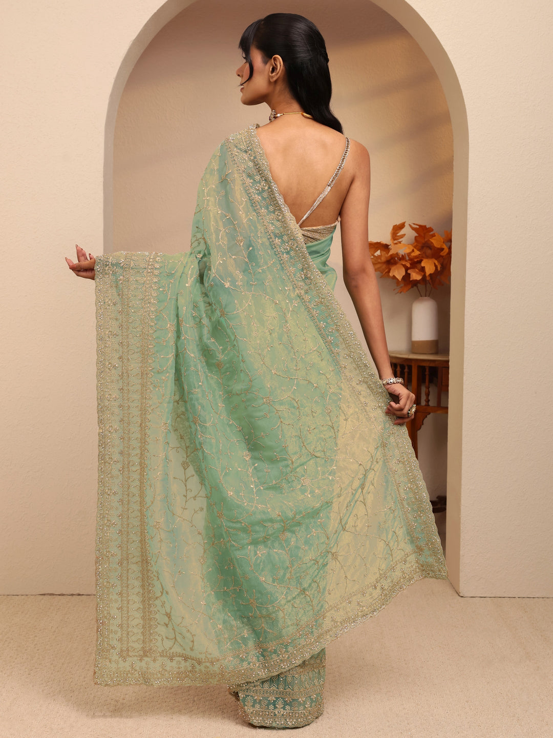 Libas Mint Green Floral Embroidered Net Saree