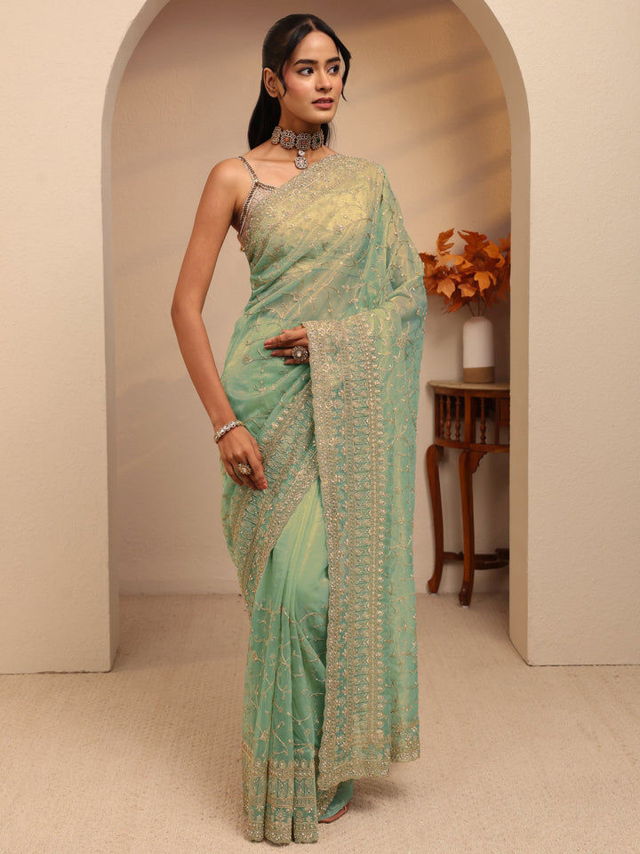 Libas Mint Green Floral Embroidered Net Saree