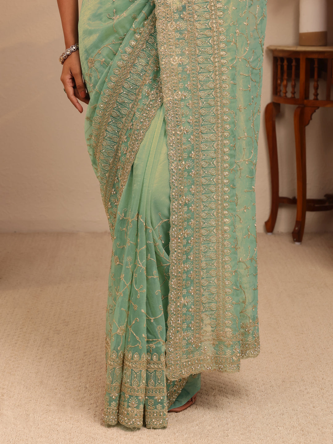 Libas Mint Green Floral Embroidered Net Saree