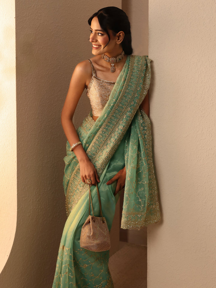 Libas Mint Green Floral Embroidered Net Saree