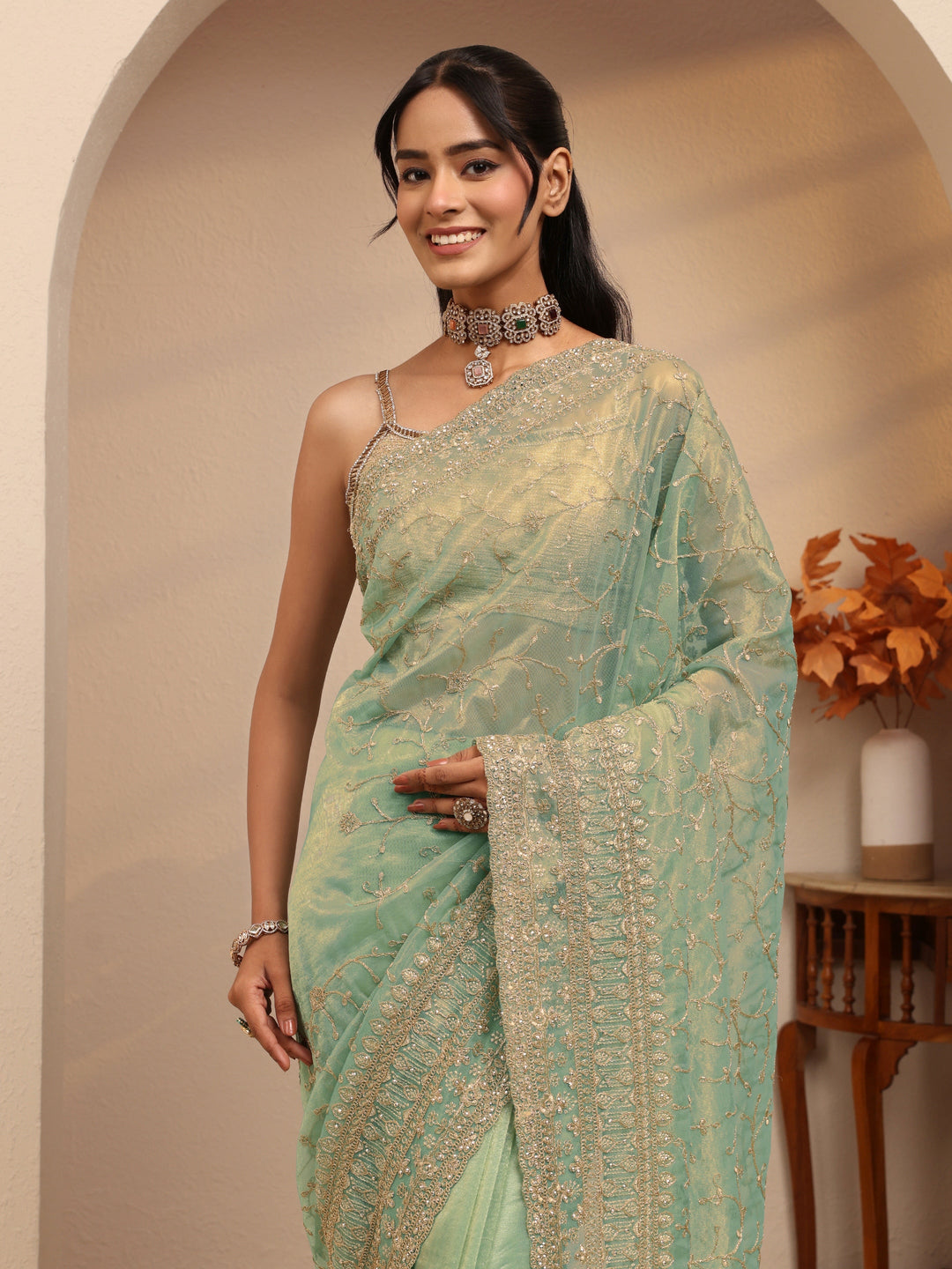 Libas Mint Green Floral Embroidered Net Saree