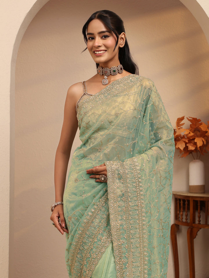 Libas Mint Green Floral Embroidered Net Saree