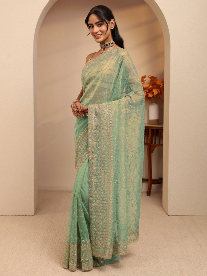 Libas Mint Green Floral Embroidered Net Saree