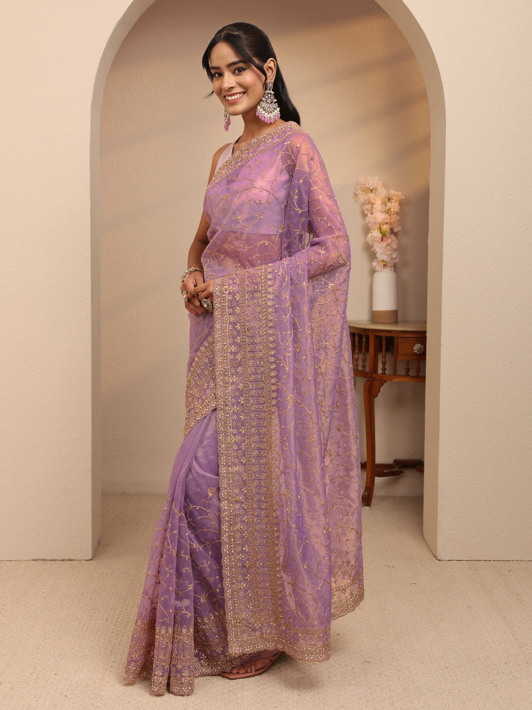 Libas Purple Floral Embroidered Net Saree