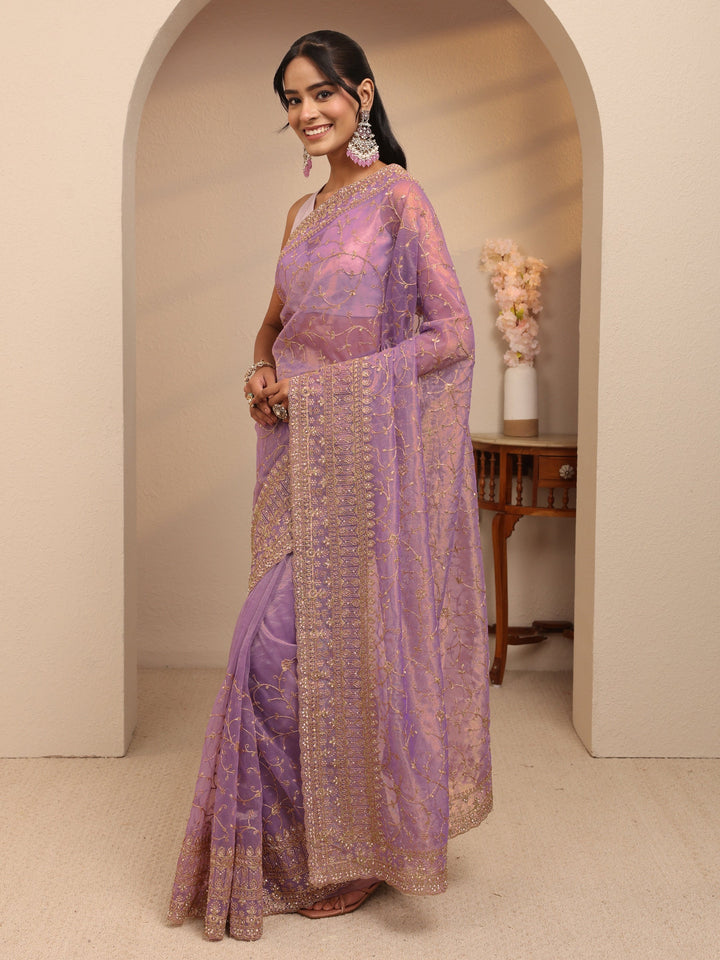 Libas Purple Floral Embroidered Net Saree