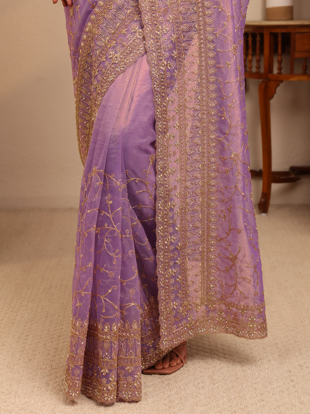 Libas Purple Floral Embroidered Net Saree