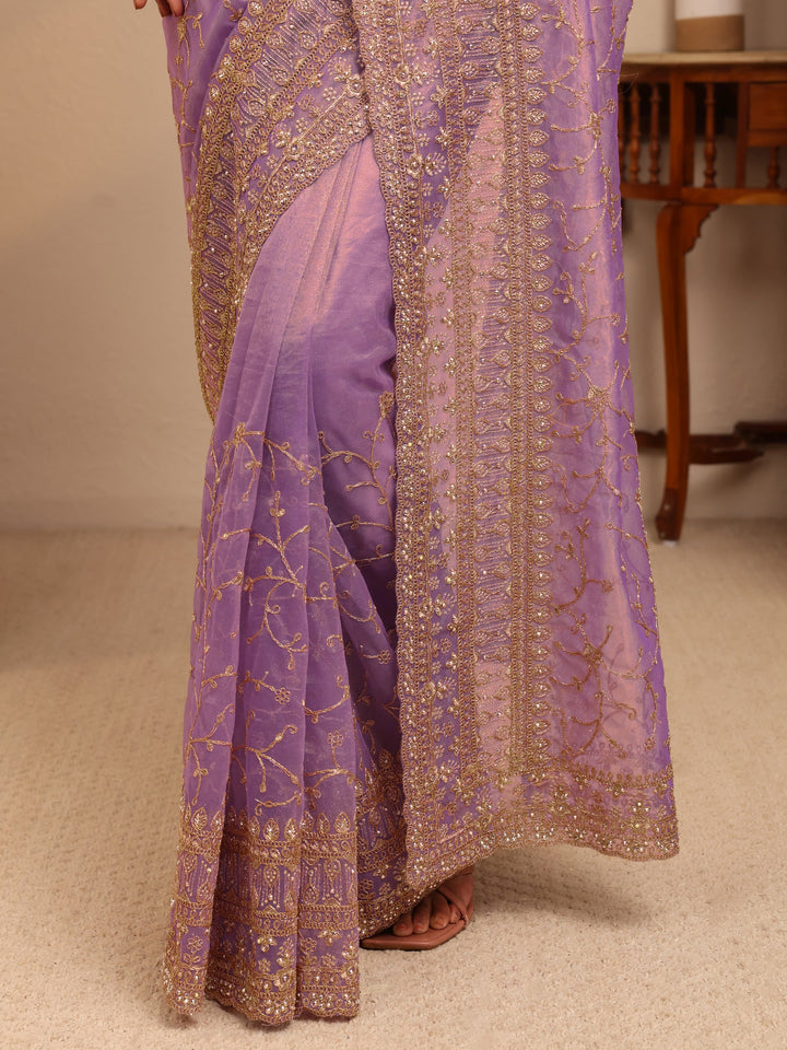 Libas Purple Floral Embroidered Net Saree