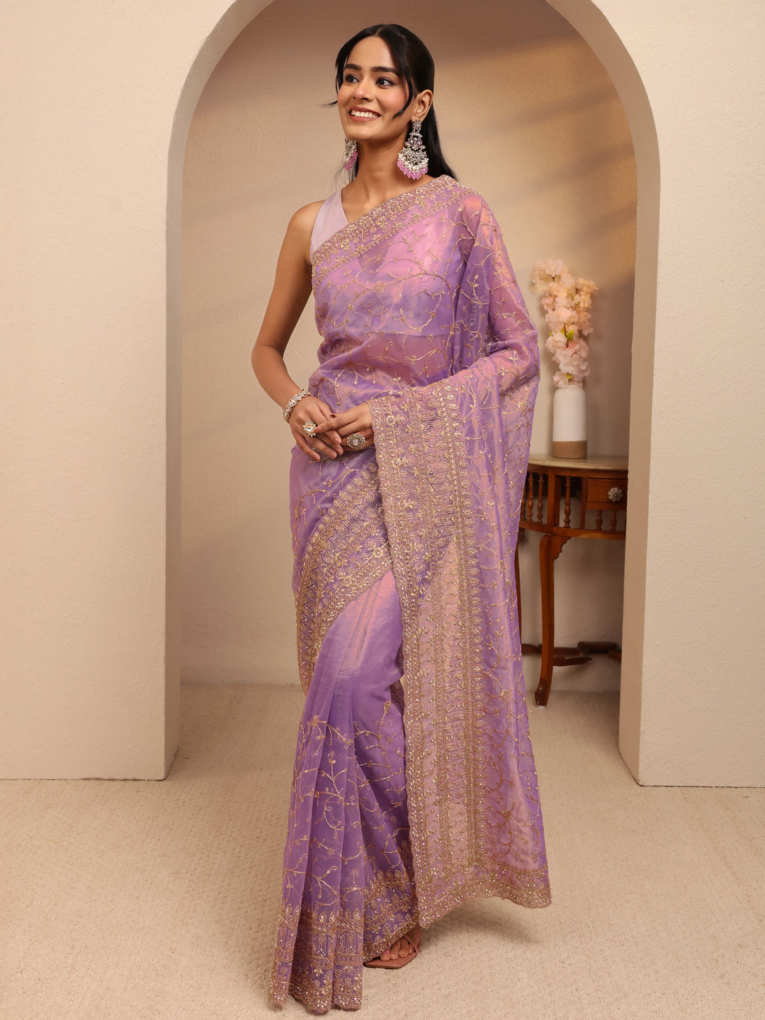 Libas Purple Floral Embroidered Net Saree
