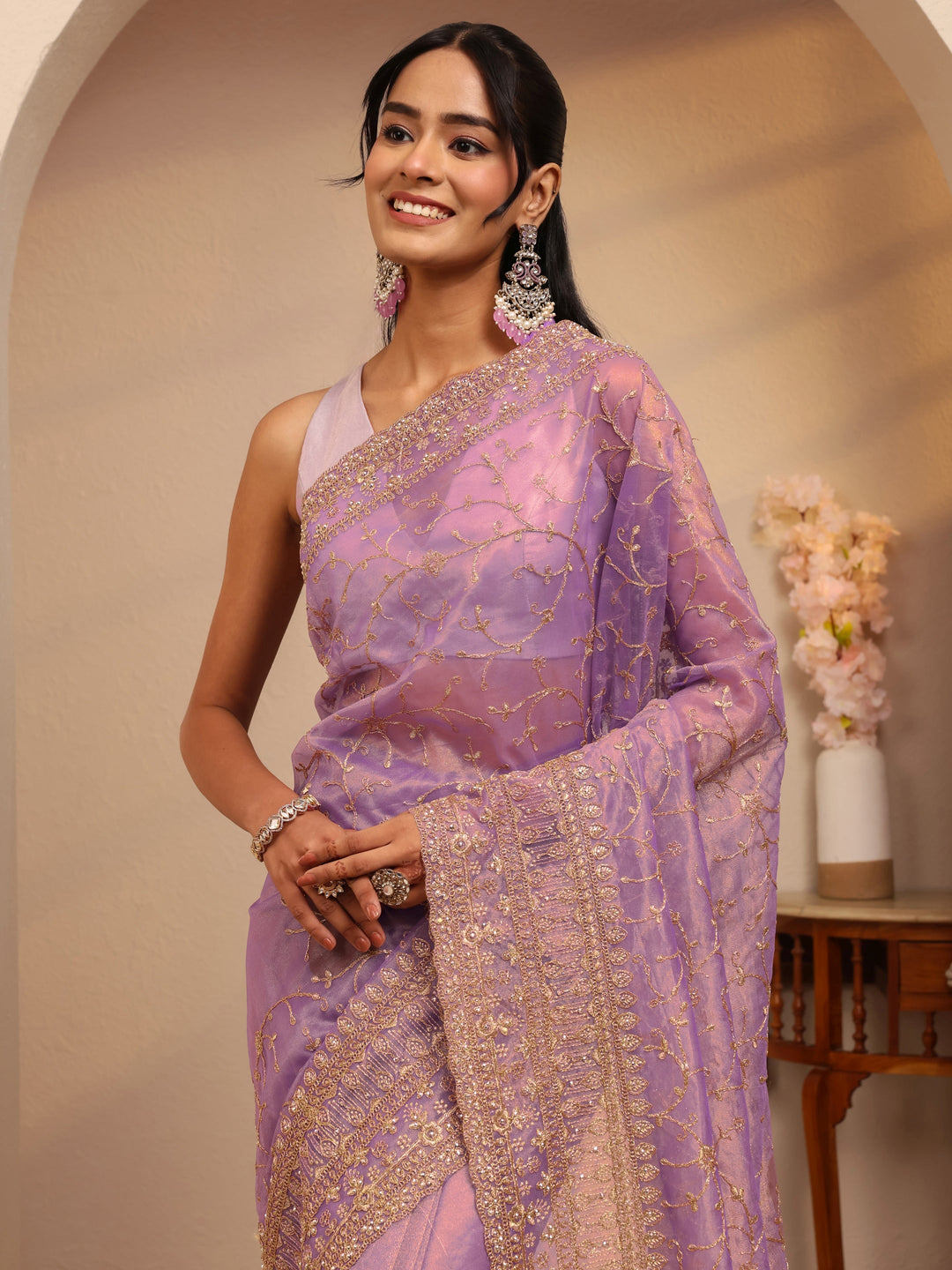 Libas Purple Floral Embroidered Net Saree