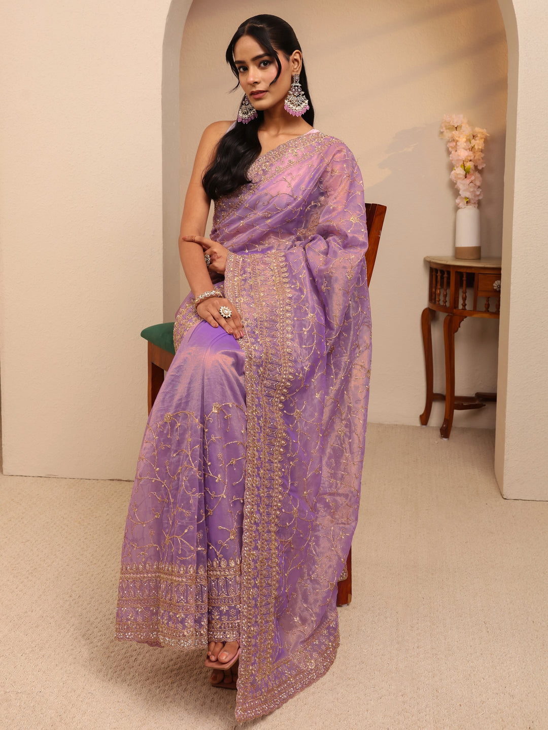 Purple Floral Embroidered Net Saree