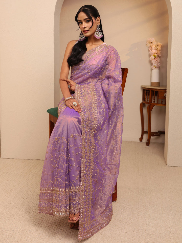 Libas Purple Floral Embroidered Net Saree
