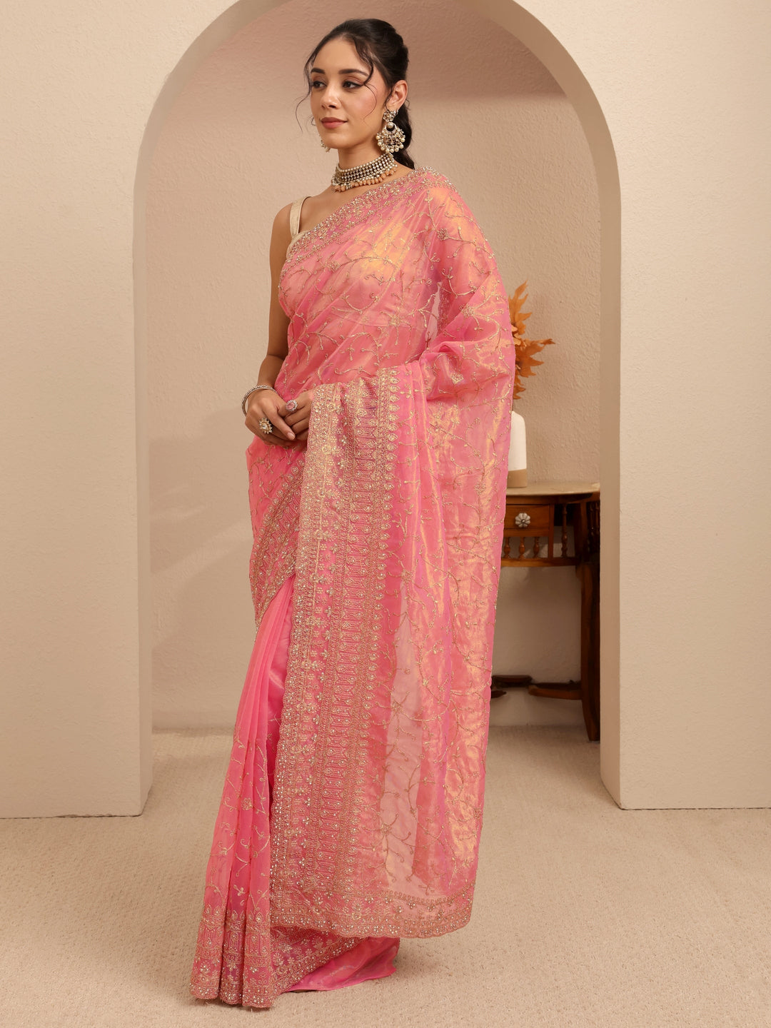 Libas Peach Floral Embroidered Net Saree
