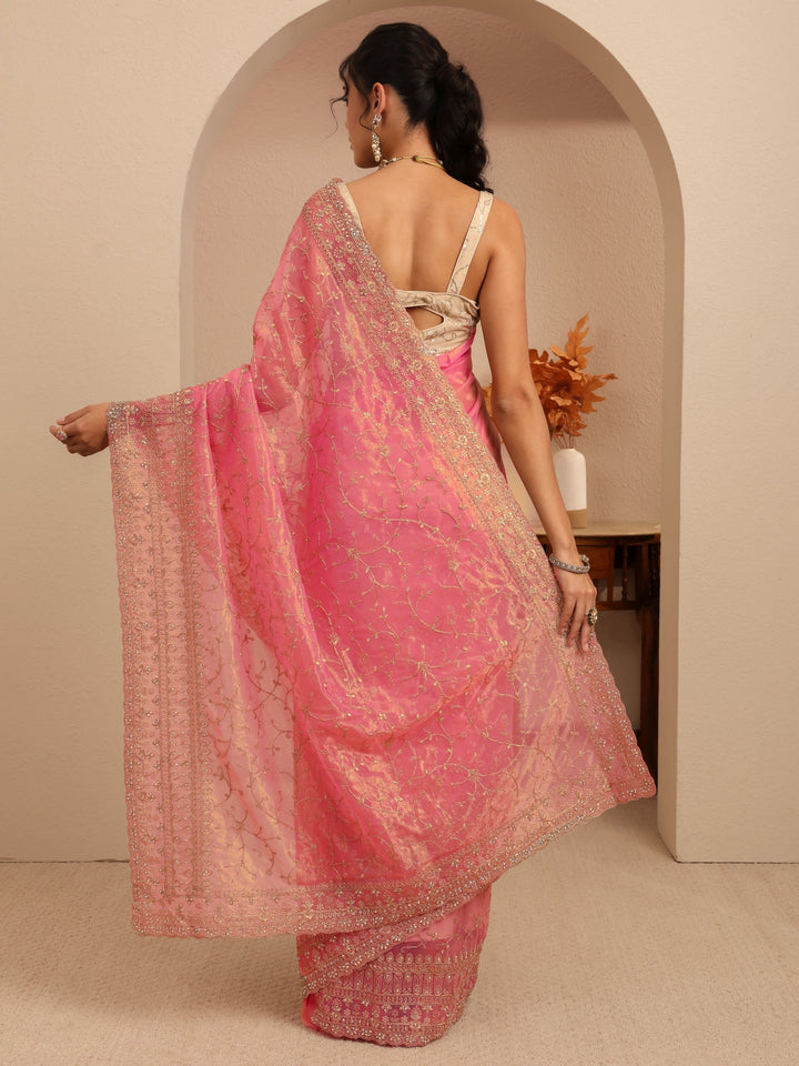 Libas Peach Floral Embroidered Net Saree