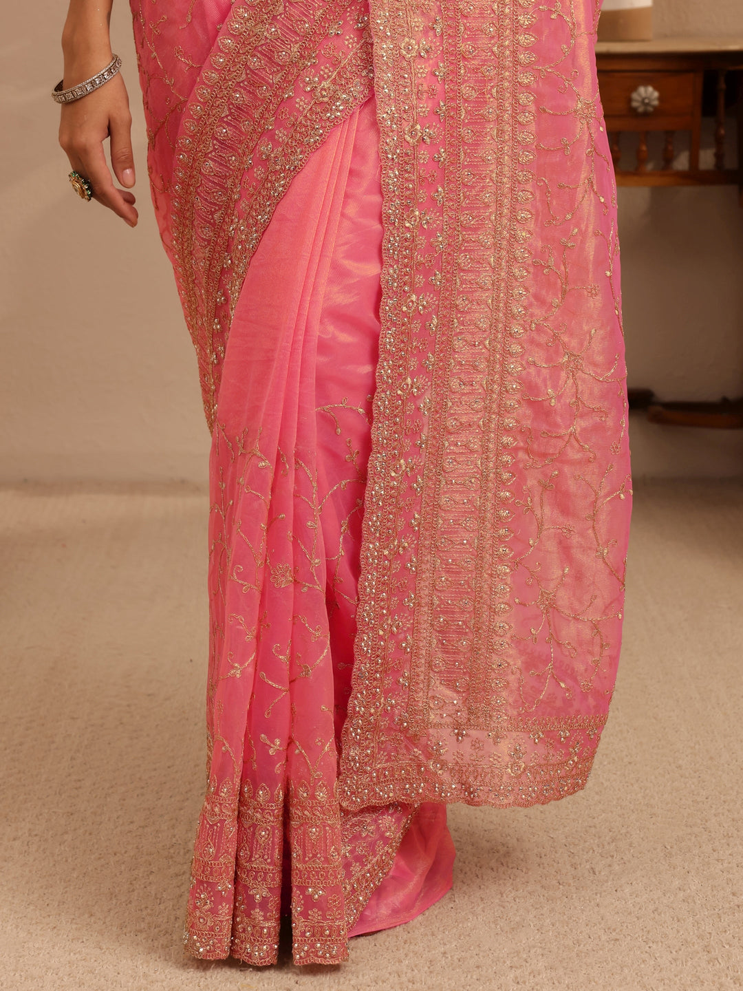 Libas Peach Floral Embroidered Net Saree