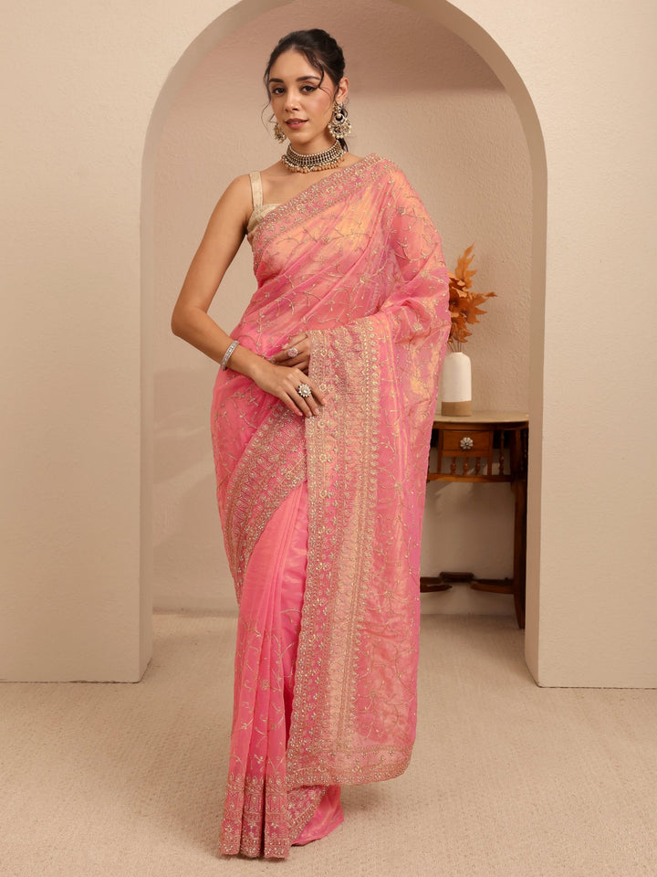 Libas Peach Floral Embroidered Net Saree