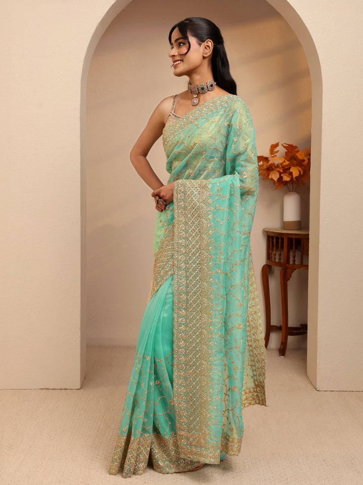 Libas Seafoam Green Floral Embroidered Net Saree