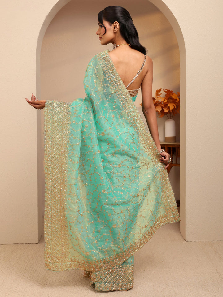 Libas Seafoam Green Floral Embroidered Net Saree