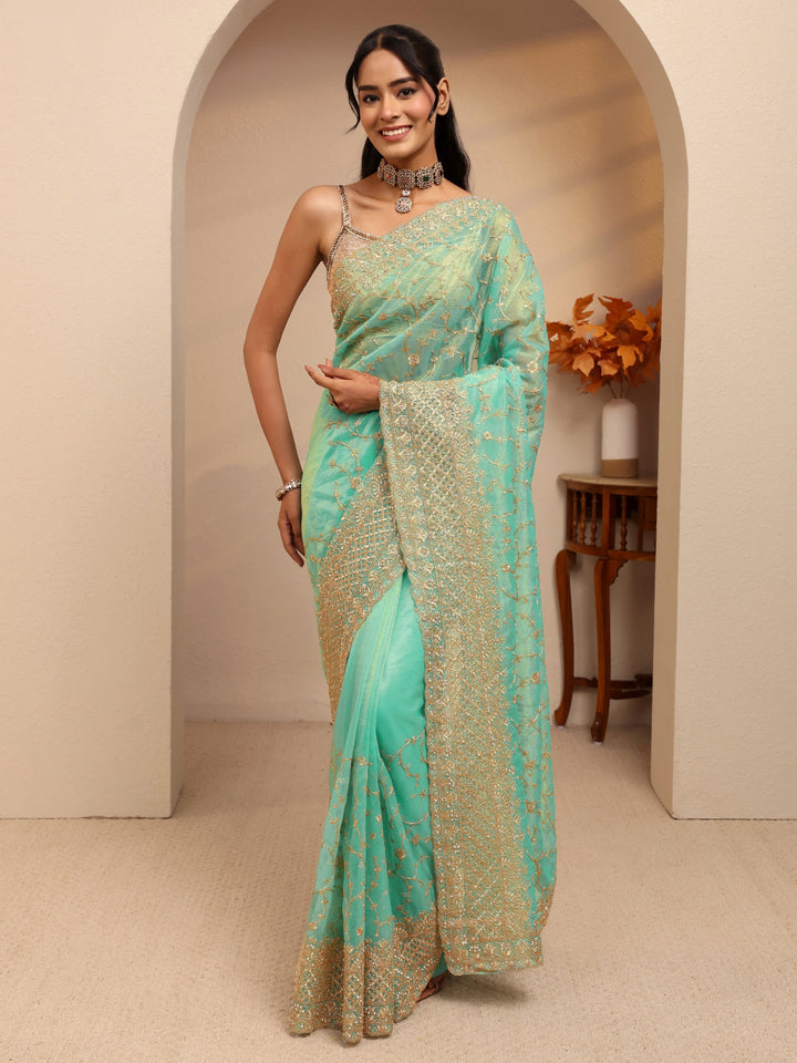 Libas Seafoam Green Floral Embroidered Net Saree
