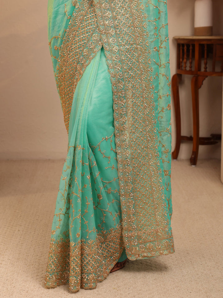 Libas Seafoam Green Floral Embroidered Net Saree
