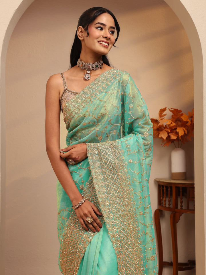 Libas Seafoam Green Floral Embroidered Net Saree