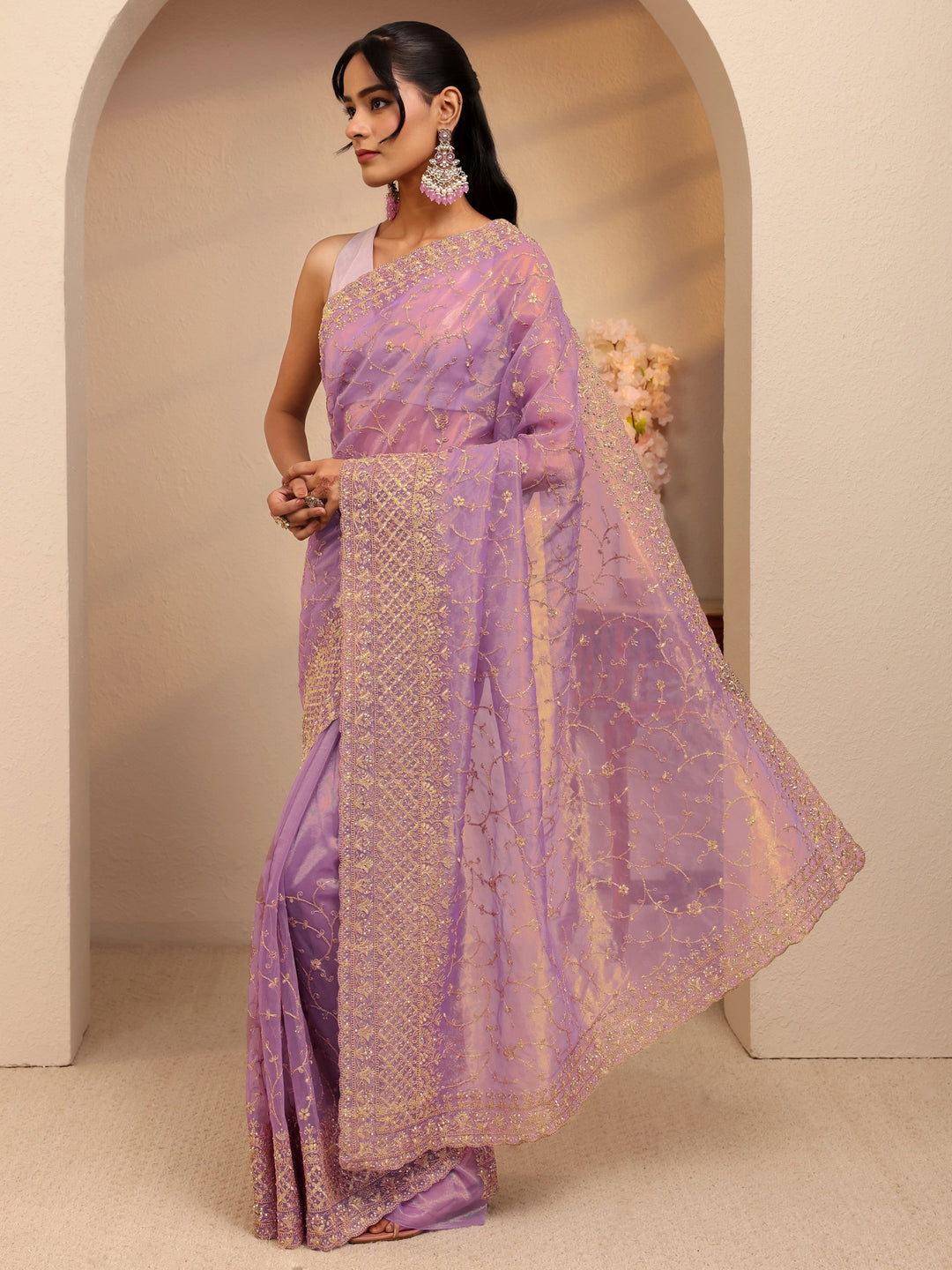 Libas Purple Floral Embroidered Net Saree