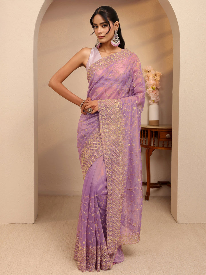 Libas Purple Floral Embroidered Net Saree