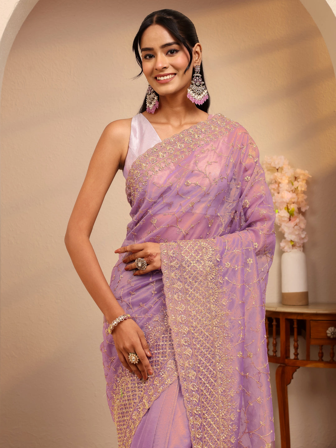 Libas Purple Floral Embroidered Net Saree