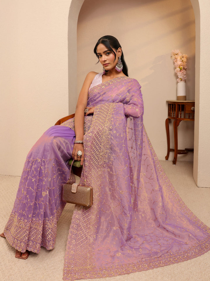 Libas Purple Floral Embroidered Net Saree