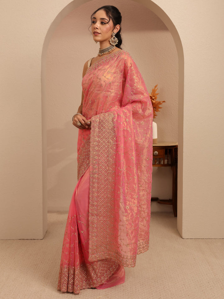 Libas Peach Floral Embroidered Net Saree