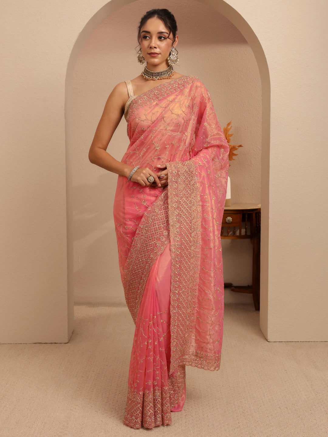 Libas Peach Floral Embroidered Net Saree