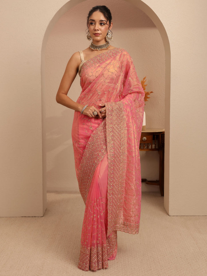 Libas Peach Floral Embroidered Net Saree