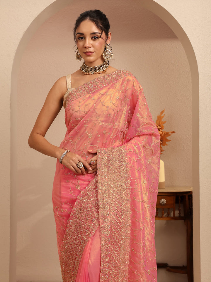 Libas Peach Floral Embroidered Net Saree