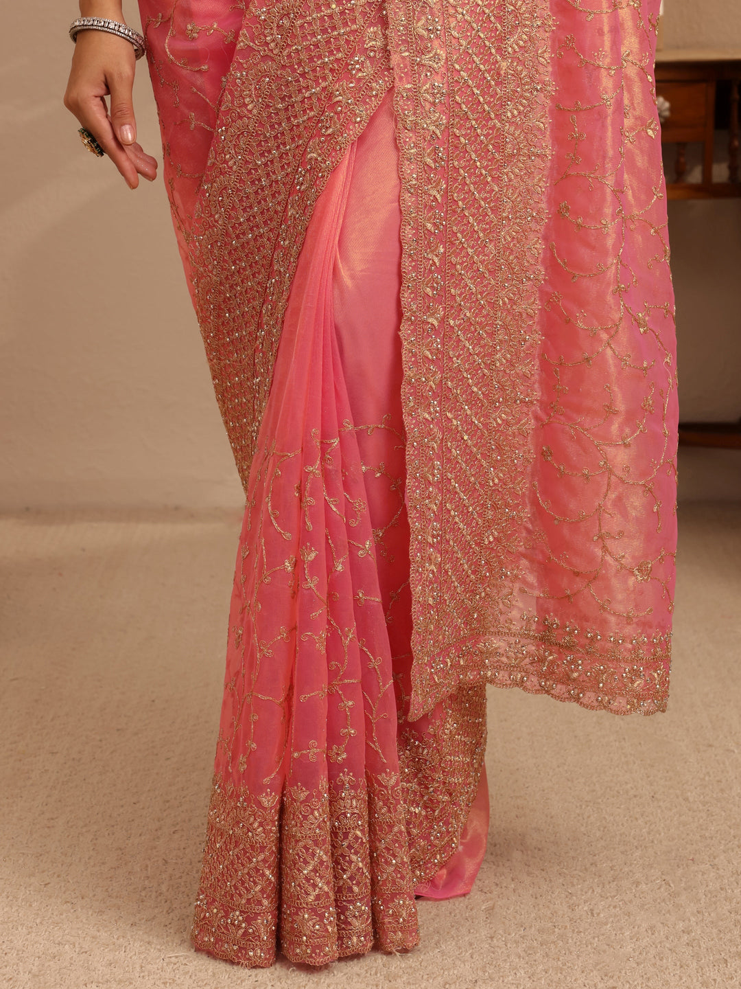Libas Peach Floral Embroidered Net Saree