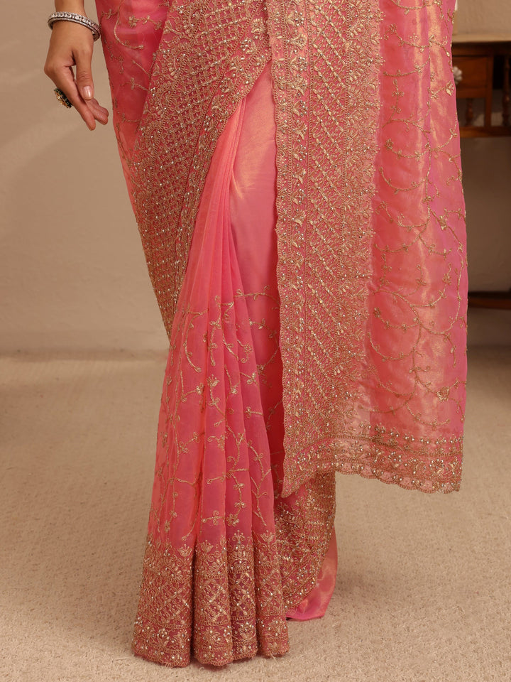 Libas Peach Floral Embroidered Net Saree