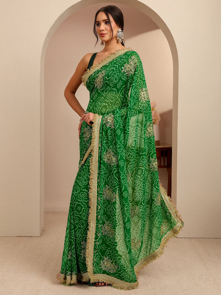 Libas Emerald Green Badhani Printed Georgette Saree