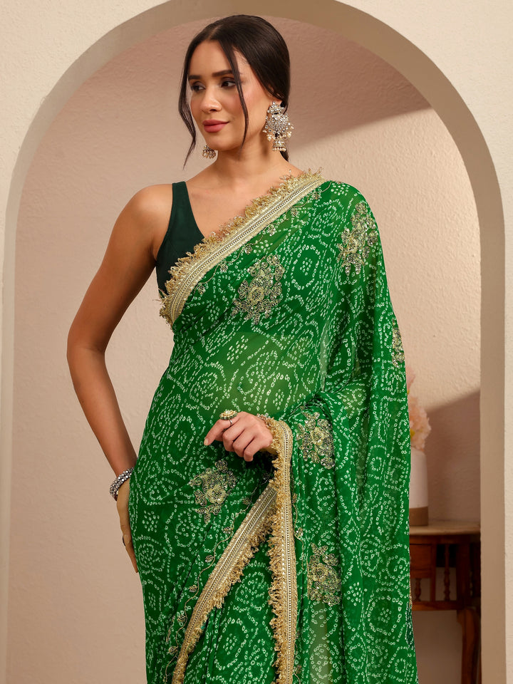 Libas Emerald Green Badhani Printed Georgette Saree