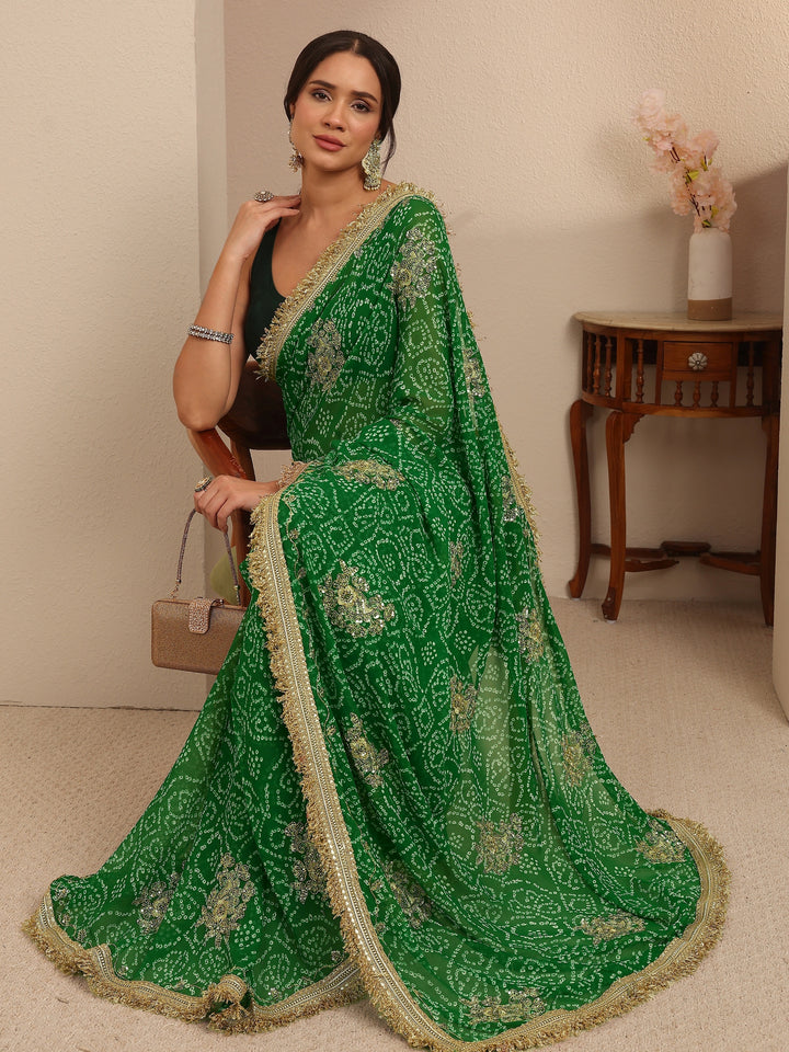 Libas Emerald Green Badhani Printed Georgette Saree