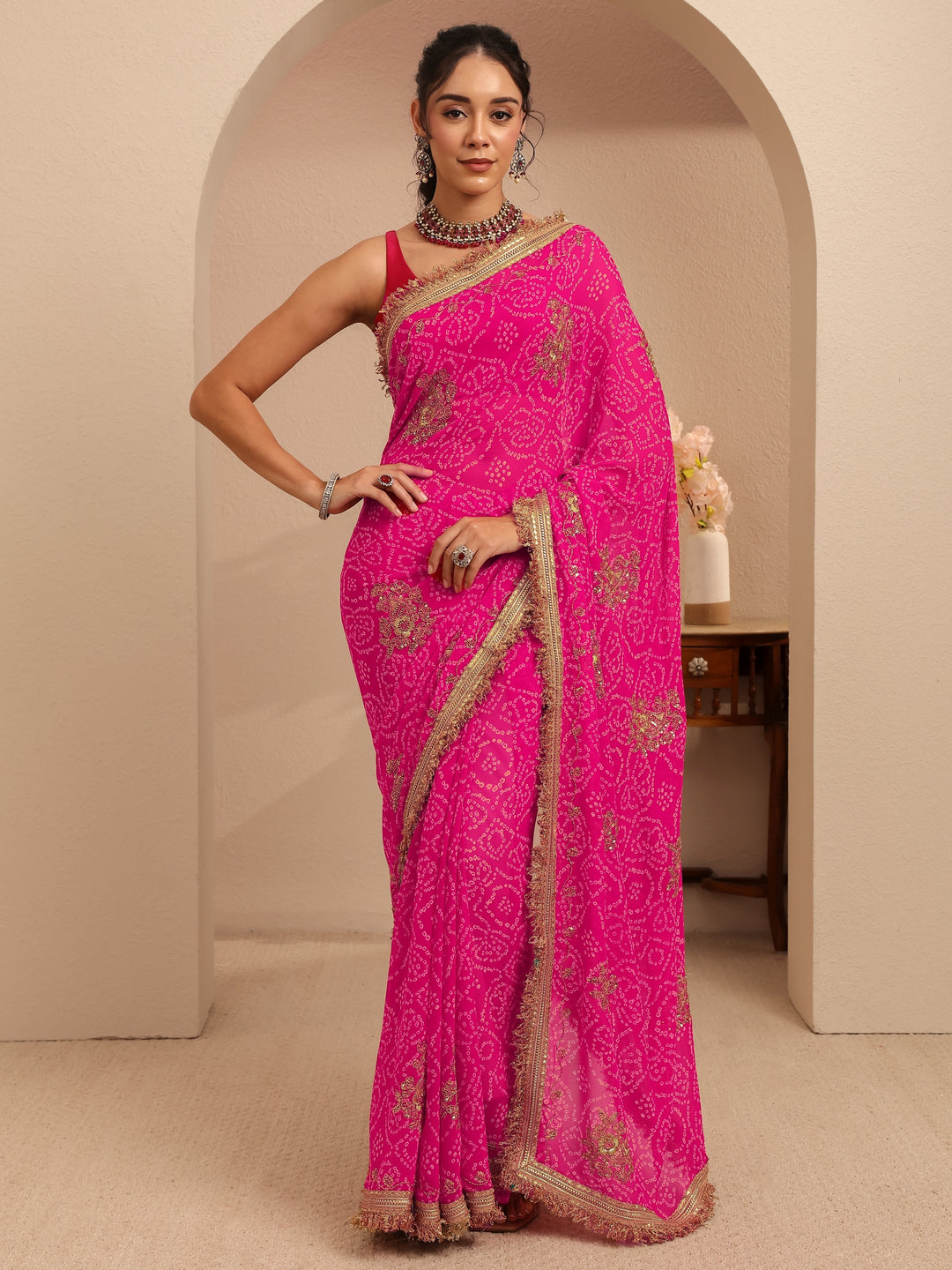 Libas Rani Pink Badhani Printed Georgette Saree