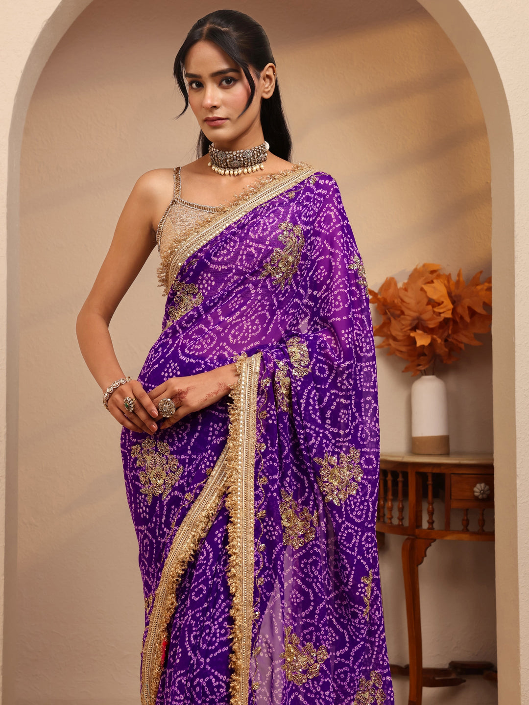Libas Purple Badhani Printed Georgette Saree