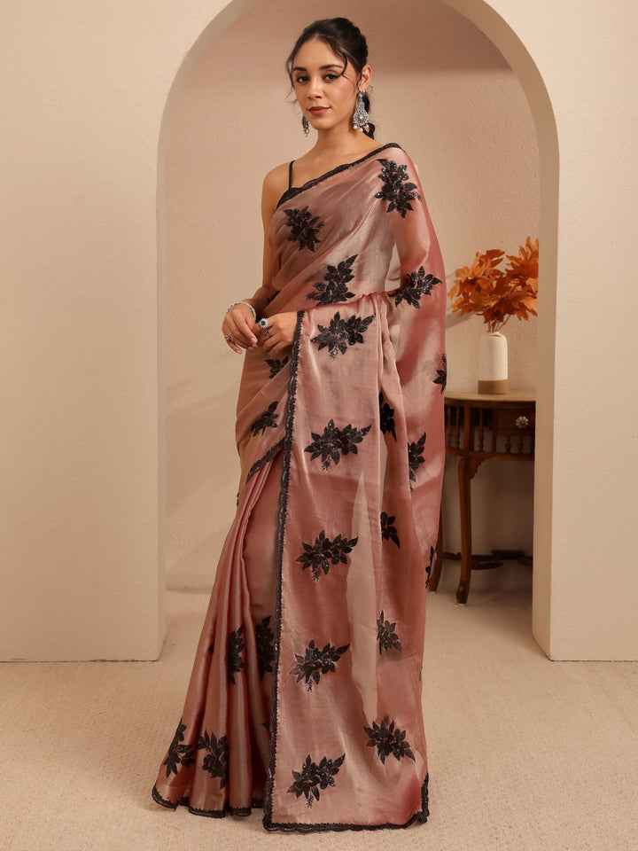 Libas Mauve Floral Embroidered Organza Saree