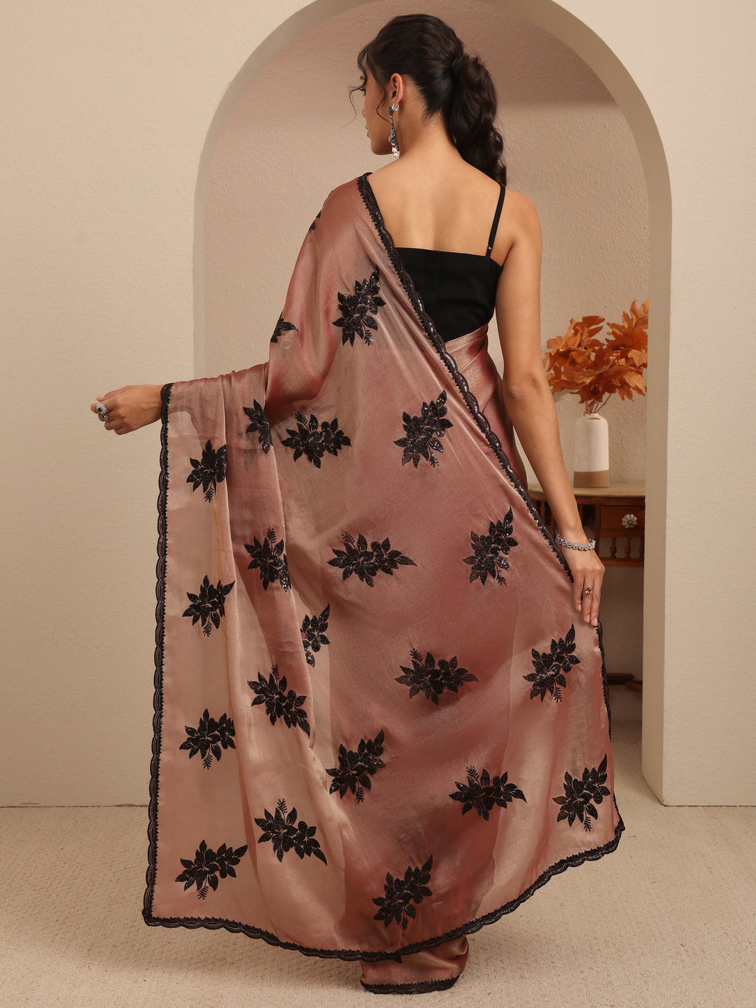 Libas Mauve Floral Embroidered Organza Saree